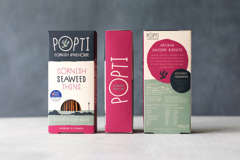 Artisan Cornish seaweed savoury biscuits from POPTI. Perfectly paired with soft cheese and cured meats from Cornish Charcuterie