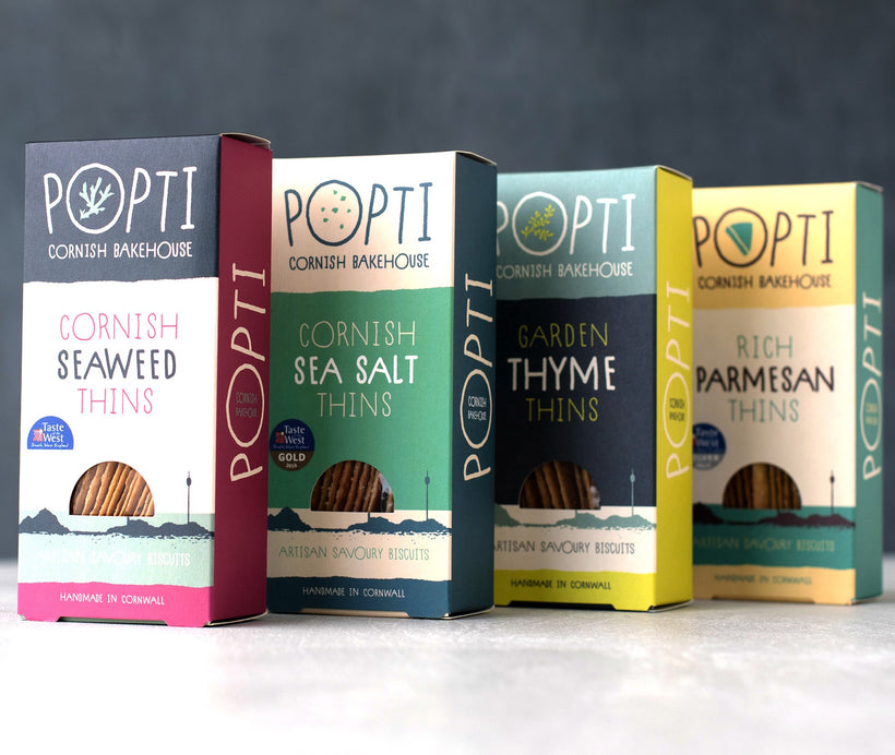 Set of four artisan savoury biscuits from POPTI cornish bakehouse