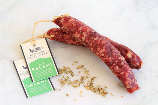 Cornish Charcuterie Fennel Salami stick is made with whole fennel seeds for a mild aniseed flavour that works brilliantly with the pork.