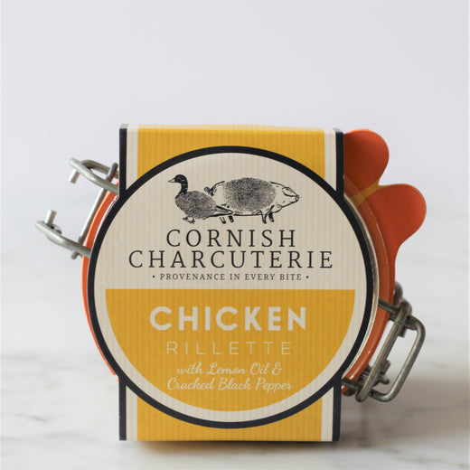 Cornish Charcuterie chicken rillette uses free range chicken poached in duck fat and is enhanced with lemon oil and cracked black pepper.