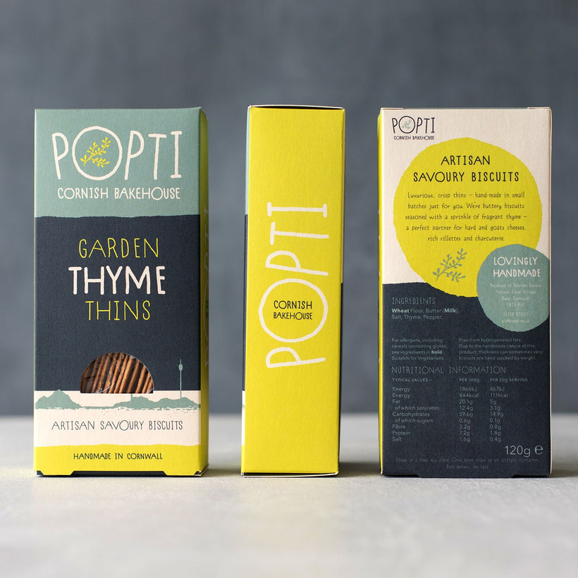 Artisan Cornish garden thyme savoury biscuits from POPTI. Perfectly paired with soft cheese and cured meats from Cornish Charcuterie