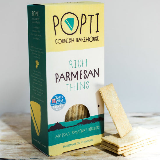 Rich Parmesan Savoury Thins from POPTI Cornish Bakehouse are made with butter and hand-sprinkled with freshly grated Parmesan.