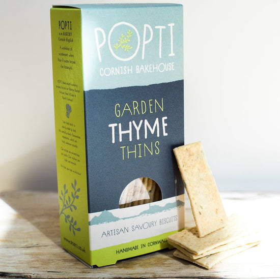 Artisan Cornish garden thyme savoury biscuits from POPTI. Perfectly paired with soft cheese and cured meats from Cornish Charcuterie